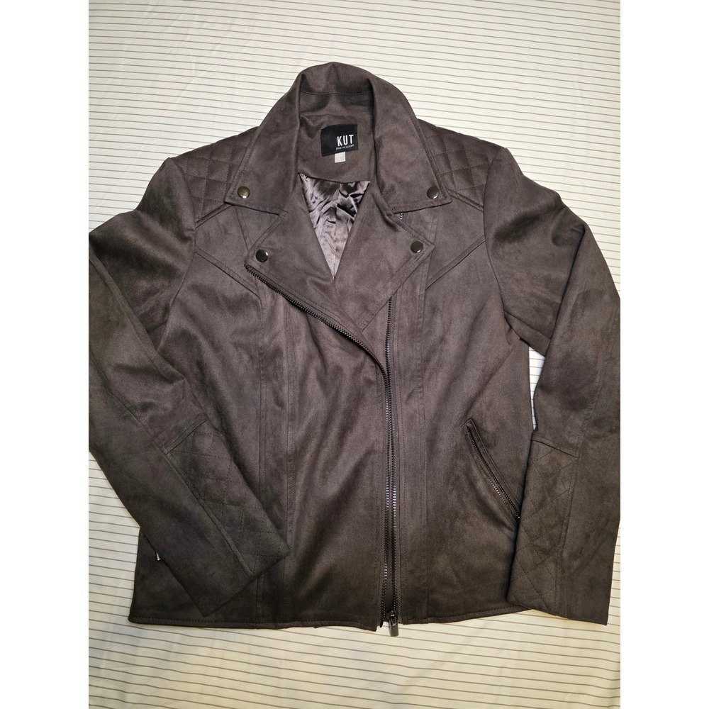 1318 KUT from the Kloth Brn Faux Suede Moto Jacket Quilted Details Size L